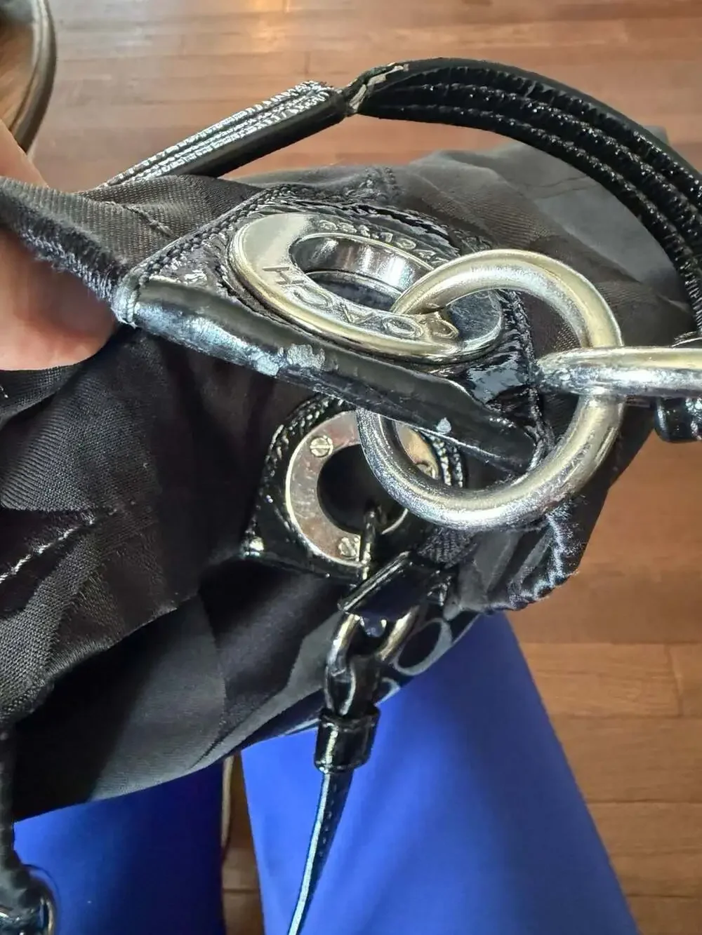 Coach Alex Signature Sateen Black Patent Leather Tote Shoulder Bag